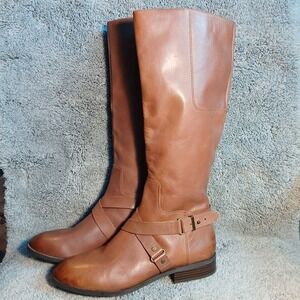 Womans Nine West Size 8.5 M Blogger Brown Leather Full Zip Strappy Riding Boots
